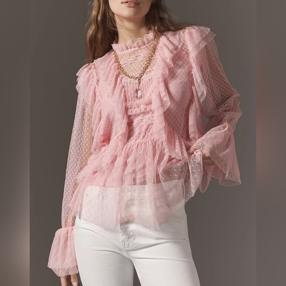 Anthropologie Long Sleeve Ruffle Sheer Blouse In Pink